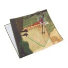 Folded map with a hiking theme, featuring green, brown, and beige colors. Illustrations of hikers with poles, topographic lines, and the word Hiking appear on the map.