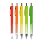 Five pens with silver tips and clips are arranged in a row. They have different colors: red, orange, yellow, and two shades of green. Each pen features a vertical-striped design near the tip.