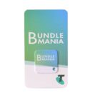 A card with a green and blue gradient background features the text Bundle Mania. Below, there is a rectangular, removable pop-out, also labeled Bundle Mania, alongside a logo resembling a stylized letter T.