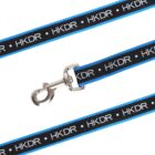 A black and blue dog leash featuring a silver clip. The leash is patterned with the text HKDR repeated in white letters on a black background, bordered by thin blue lines.