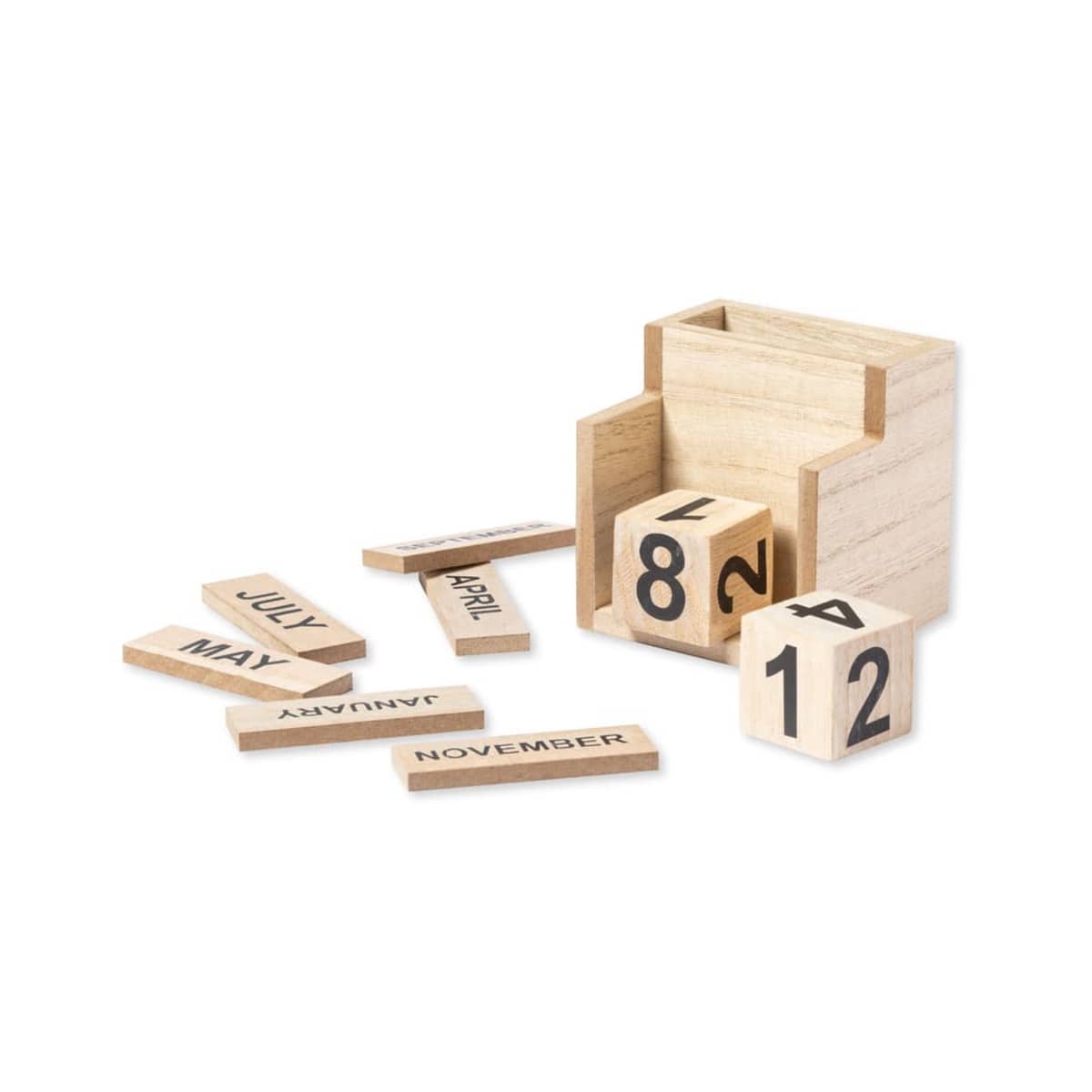 Wooden perpetual calendar with numbered cubes for dates and labeled blocks for months. Some month blocks are scattered; cubes show 8 and 12. The wooden holder is empty and open at the top.