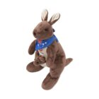 A brown plush kangaroo toy wearing a blue bandana with an Australian flag design is shown. It has a smaller plush joey in its pouch. The kangaroo is sitting upright against a plain white background.