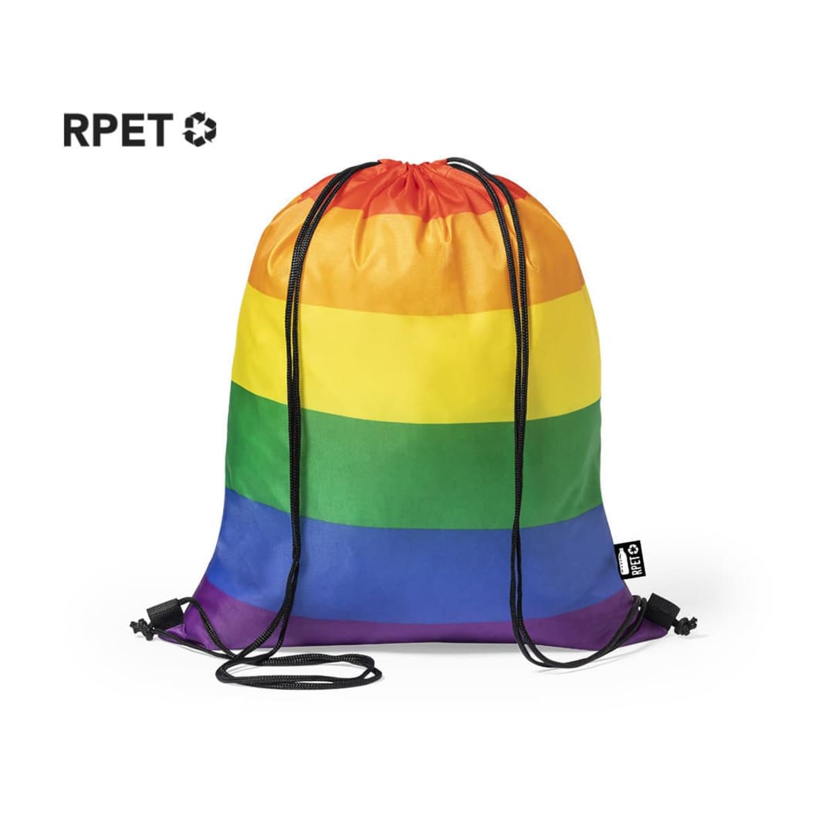 A drawstring backpack featuring rainbow stripes symbolizing LGBTQ+ pride. The material is labeled as recycled (RPET). Black drawstrings are attached for closure and shoulder straps.