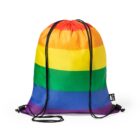 A drawstring backpack with rainbow stripes, featuring the colors red, orange, yellow, green, blue, and purple. Black strings are attached at the sides for easy carrying.