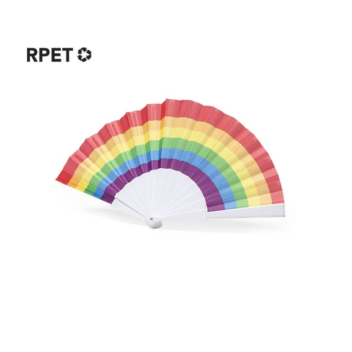 A colorful hand fan with rainbow stripes, folded out in a semicircle. It has a white base and handle. The letters RPET appear in black at the top left corner. The background is plain white.