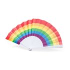 A handheld fan with rainbow-colored sections, featuring red, orange, yellow, green, blue, and purple stripes. The fan is open, displaying its vibrant colors on a white background.