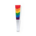 A folded hand fan with the colors of the rainbow spectrum on the upper part, transitioning to white towards the handle. The colors include red, orange, yellow, green, blue, and purple.