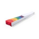 A white holder containing a stack of rainbow-colored plastic plates, showcasing a gradient from red to purple. The plates are neatly aligned, and the holder appears to have a handle for easy carrying or dispensing.
