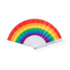 A colorful fan is displayed, featuring a series of rainbow stripes—red, orange, yellow, green, blue, and purple. The base is white with the word nature printed on it.