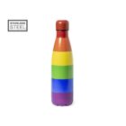 Stainless steel water bottle with horizontal rainbow stripes in red, orange, yellow, green, blue, and purple on a white background. Stainless Steel label in the top left corner.