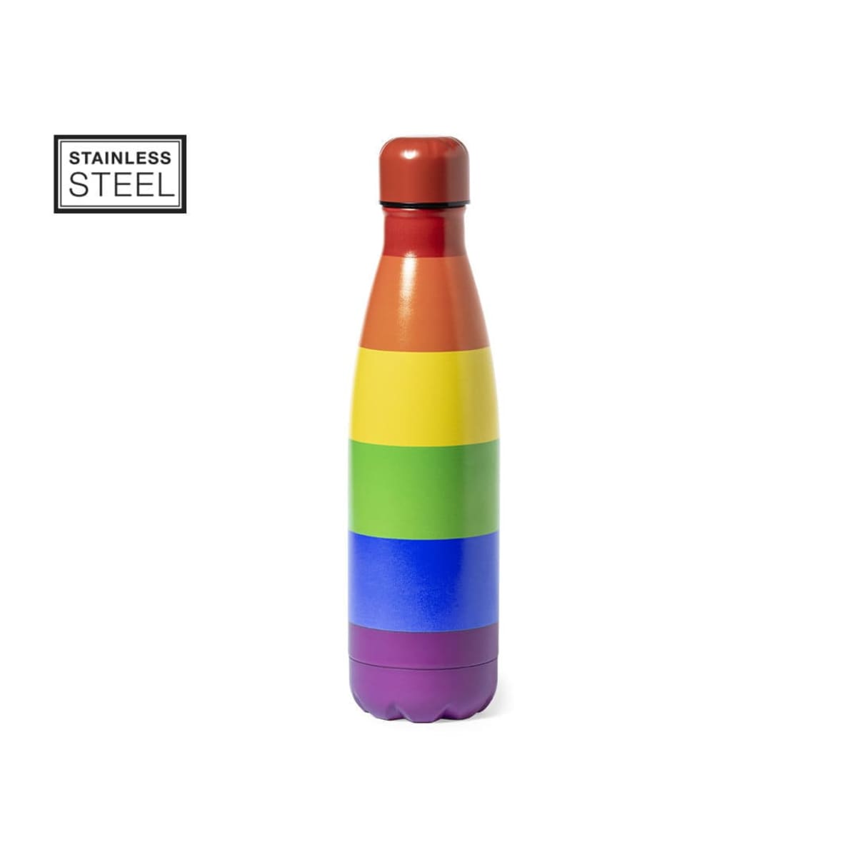 Stainless steel water bottle with horizontal rainbow stripes in red, orange, yellow, green, blue, and purple on a white background. Stainless Steel label in the top left corner.