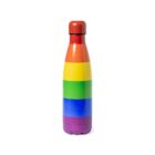 A metal bottle with a screw-on cap, decorated with horizontal rainbow stripes in red, orange, yellow, green, blue, and purple. The background is plain white.