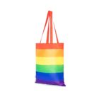A tote bag with rainbow stripes, featuring red handles. The body of the bag displays horizontal bands in red, orange, yellow, green, blue, and purple colors, resembling the LGBTQ+ pride flag.