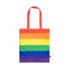 A tote bag with vertical handles featuring horizontal stripes in the colors of the rainbow: red, orange, yellow, green, blue, and violet.