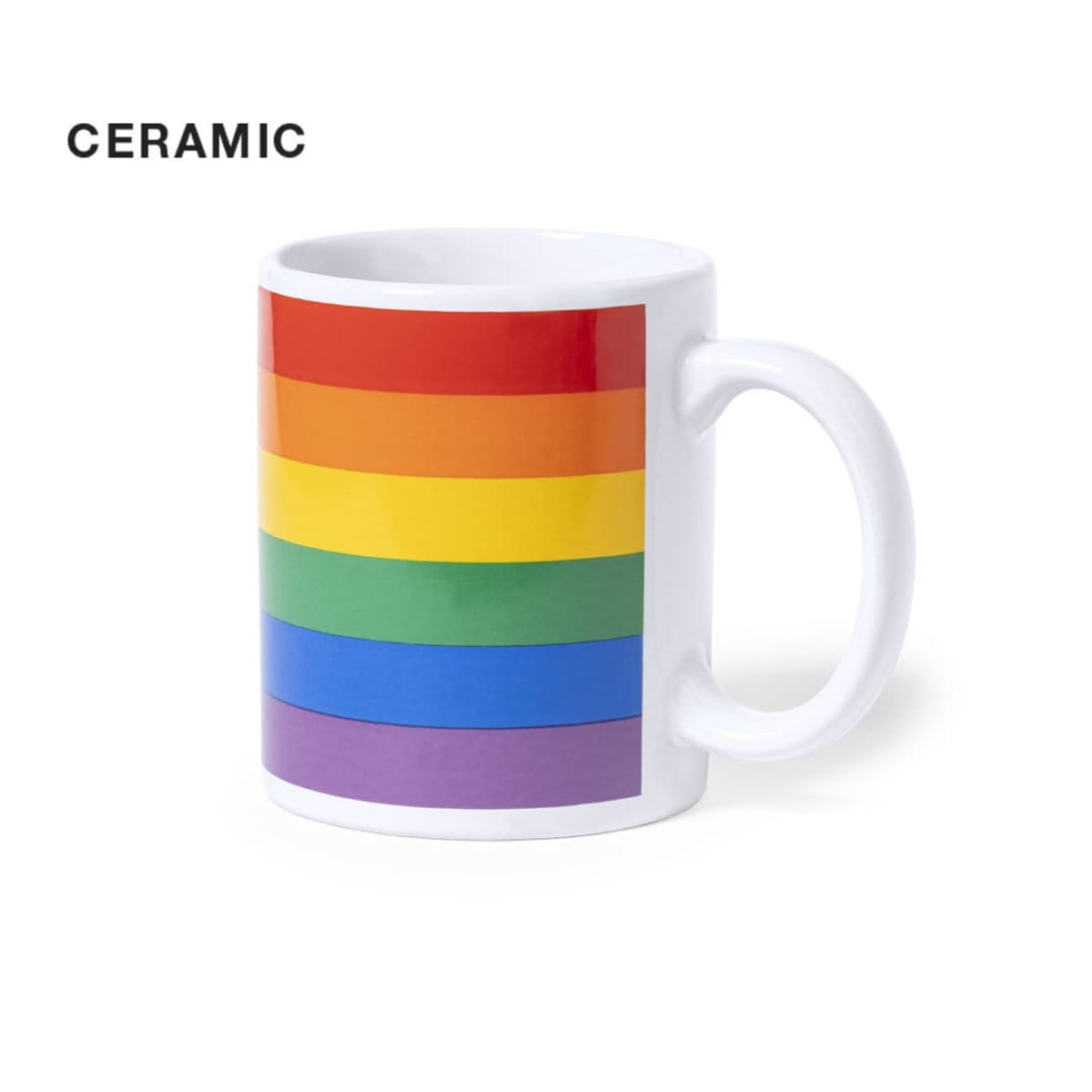 A ceramic mug with a rainbow-striped design featuring red, orange, yellow, green, blue, and purple horizontal bands.