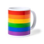 A white mug featuring horizontal rainbow stripes in the colors red, orange, yellow, green, blue, and purple. The stripes cover the entire exterior surface of the mug.
