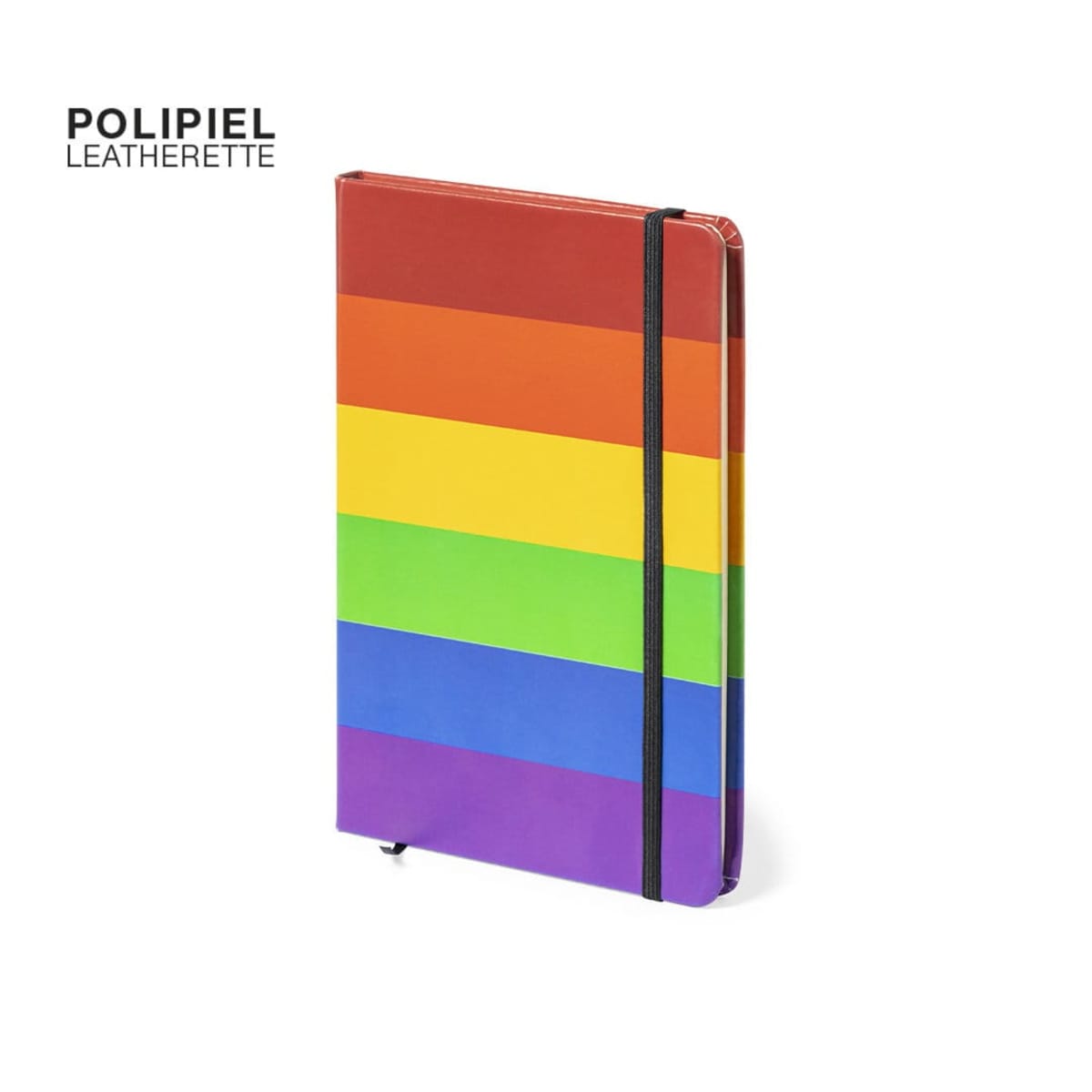 A notebook with a leatherette cover featuring horizontal rainbow stripes in red, orange, yellow, green, blue, and purple. The notebook has an elastic band for closure. Text reads POLIPIEL LEATHERETTE in the top left corner.