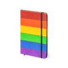 A notebook with a cover featuring horizontal rainbow stripes in red, orange, yellow, green, blue, and purple. It is closed and secured with a black elastic band. The notebook stands upright against a plain white background.