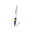A white pen with a silver clip and tip, featuring a rainbow stripe grip. The pen is positioned diagonally on a plain white background.