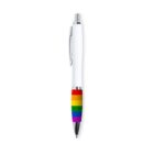 A pen with a white body and a retractable tip. The grip section features a rainbow design with stripes in red, orange, yellow, green, blue, and purple.