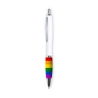 A white retractable pen with a silver clip and tip features a grip adorned with rainbow stripes, representing the colors of the Pride flag.