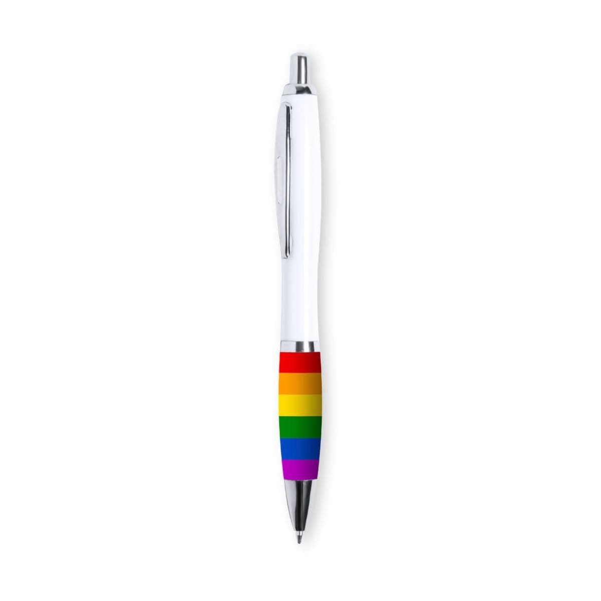 A white retractable pen with a silver clip and tip features a grip adorned with rainbow stripes, representing the colors of the Pride flag.