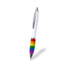 A white pen with a silver clip and tip, featuring a multicolored, rainbow-striped grip. The background is plain white.