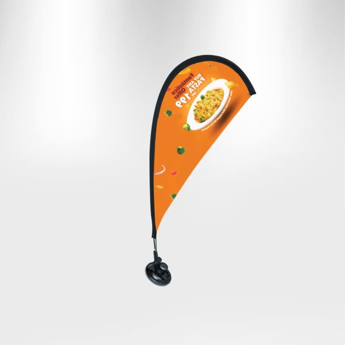 An orange teardrop-shaped flag promoting a food brand, showing a bowl of noodles with vegetables. The flag is attached to a base, set against a light gray background.