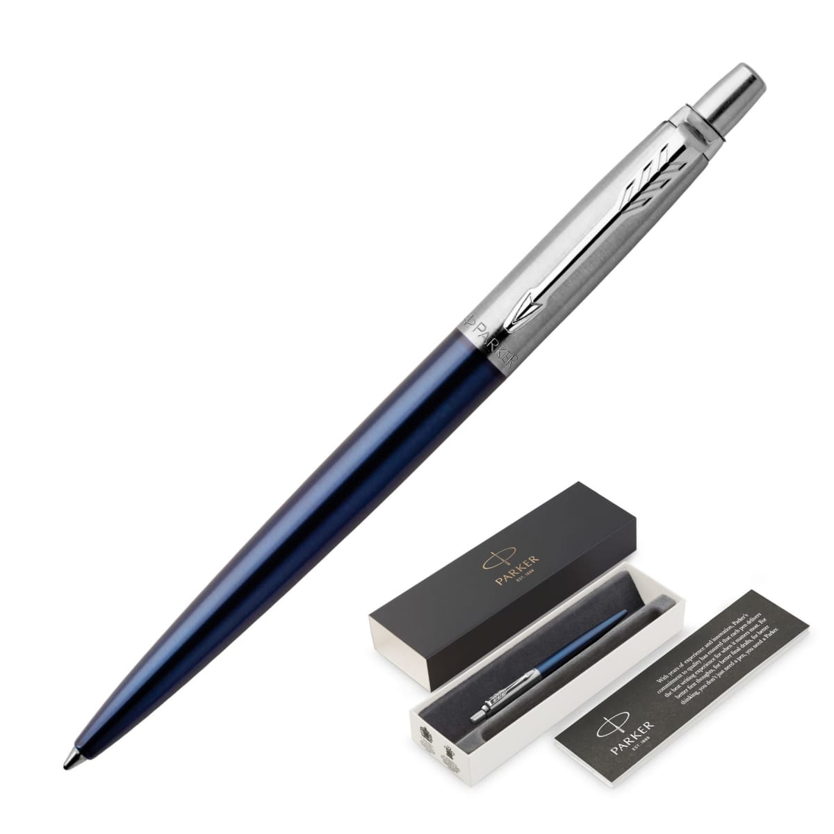 A sleek, blue ballpoint pen with a shiny silver clip rests next to its black and white box. The box lid displays the Parker logo, and a small information card is included.