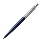 A sleek pen featuring a dark blue barrel and a metallic silver cap with a clip. The clip is engraved with a decorative arrow design. The pen has a retractable button at the top.