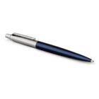 A sleek ballpoint pen with a silver clip and top half, transitioning into a dark blue barrel. The pen is lying flat, angled slightly to the right.
