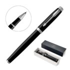 A sleek black fountain pen with silver accents is displayed, with its nib detailed in an inset. It comes with a branded black and white box featuring gold lettering as shown below the pen.
