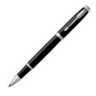 A sleek black pen with silver accents, featuring a shiny clip and a pointed tip, is angled against a white background.