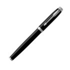 A sleek black fountain pen with silver accents and a classic clip design, isolated on a white background.