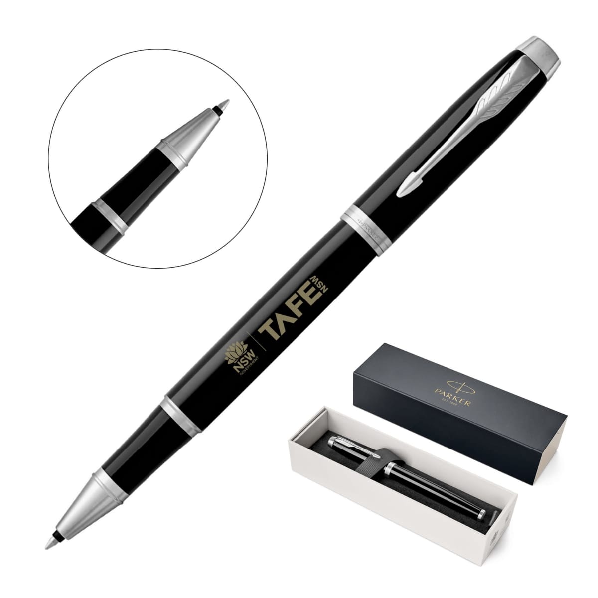 Black and silver pen with a clip, featuring the logo NSW TAFE in gold. The image includes a close-up of the pen tip and a box labeled PENSAR with the pen resting inside.