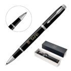 Black pen with silver accents displayed at an angle. Close-up shows the pen tip. TAFE and NSW logos are visible. A dark box labeled Parker contains the pen inside, partially open to reveal its contents.