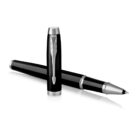 A sleek black pen with silver accents and a feather-shaped clip is displayed on a white background. The pen is open, with the cap resting horizontally behind the tip.