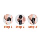 Three steps showing hands opening a black cylinder. Step 1: grip cap and base. Step 2: lift cap off. Step 3: cap removed, revealing inside.