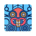 Colorful abstract design on a square background, featuring a symmetrical pattern with bold circles, stripes, polka dots, and geometric shapes in blue, red, and yellow shades.