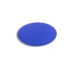 A round, flat blue disc lies on a white surface, casting a slight shadow to its left.
