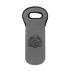 A gray neoprene wine bottle holder with a black handle. It features a cartoon scientist logo with text that reads Dr. Nano. The holder has black stitching along the edges, and the logo includes lab equipment imagery.