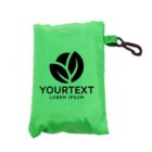 A green pouch with a black leaf logo and placeholder text YOURTEXT and LOREM IPSUM printed below. The pouch has a black clip attached at the top right.