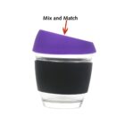 A glass tumbler with a black silicone grip and a purple lid. An arrow points to the lid with the text Mix and Match.