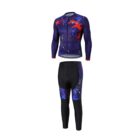 Long-sleeve cycling outfit featuring a blue and red design with white stars and splatter pattern. The top has a front zipper, and the black pants have matching design accents on thighs.