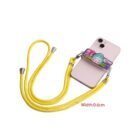 A smartphone in a pink case is attached to a colorful cartoon-themed strap with a yellow cord. The cord is connected to the phones corners and laid out, with Width: 0.6cm text nearby.