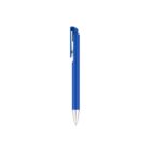 A blue pen with a silver tip and a clip on the side, positioned vertically against a plain white background.