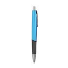 A sleek ballpoint pen with a metallic blue barrel and black grip. It features a shiny silver clip and retractable tip. The pen is vertically centered on a white background.