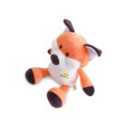A plush orange fox toy with brown ears, paws, and tail tip, and a white belly. Its face has simple, cartoonish features. The toy is sitting and has a company logo on its belly. The background is white.