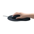 A hand using a computer mouse on a black ergonomic mouse pad with a wrist rest. The mouse pad is oval-shaped and positioned on a white background.