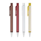 Four ballpoint pens in a vertical row. From left to right: brown, red, silver, and cream, each with matching clips.